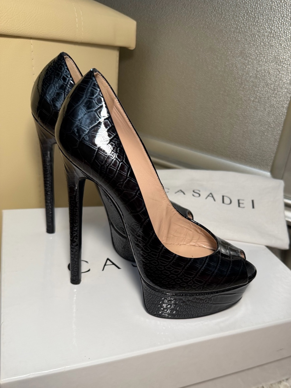 Casadei Black Croc-Embossed style Platform Peep-Toe Stilettos 6.5